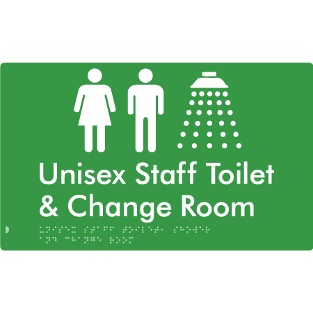Braille Sign Unisex Staff Toilet, Shower & Change Room - Braille Tactile Signs (Aust) - BTS389-grn - Fully Custom Signs - Fast Shipping - High Quality - Australian Made &amp; Owned