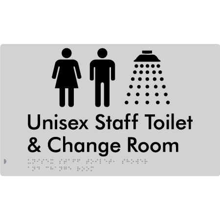 Braille Sign Unisex Staff Toilet, Shower & Change Room - Braille Tactile Signs (Aust) - BTS389-slv - Fully Custom Signs - Fast Shipping - High Quality - Australian Made &amp; Owned