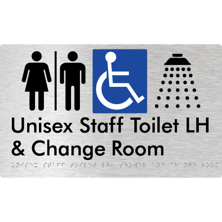 Unisex Staff Accessible Toilet with Left (LH) or Right Hand Transfer (RH), Shower & Change with Air Lock - Braille Tactile Signs Aust.