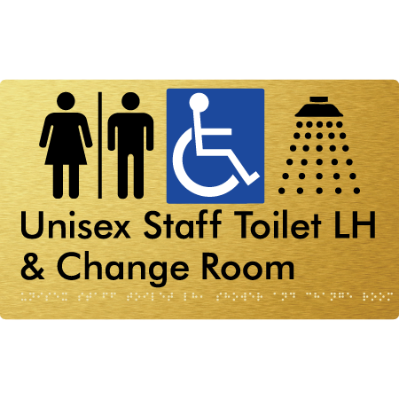 Unisex Staff Accessible Toilet with Left (LH) or Right Hand Transfer (RH), Shower & Change with Air Lock - Braille Tactile Signs Aust.