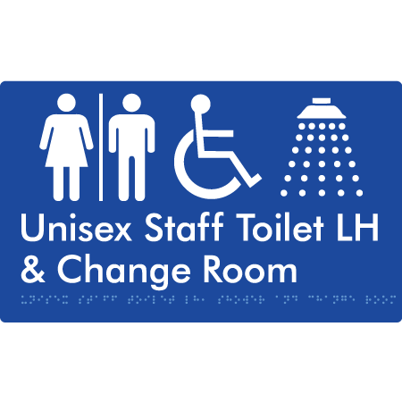Unisex Staff Accessible Toilet with Left (LH) or Right Hand Transfer (RH), Shower & Change with Air Lock - Braille Tactile Signs Aust.