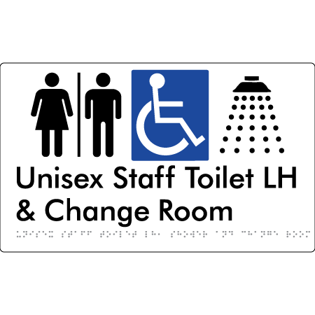 Unisex Staff Accessible Toilet with Left (LH) or Right Hand Transfer (RH), Shower & Change with Air Lock - Braille Tactile Signs Aust.