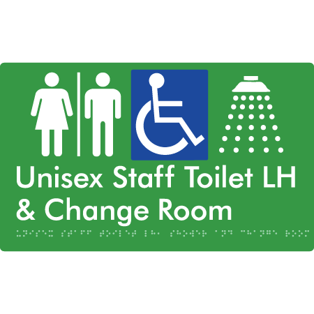Unisex Staff Accessible Toilet with Left (LH) or Right Hand Transfer (RH), Shower & Change with Air Lock - Braille Tactile Signs Aust.