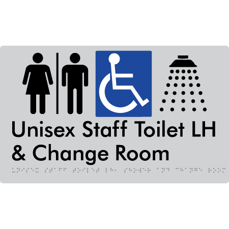Unisex Staff Accessible Toilet with Left (LH) or Right Hand Transfer (RH), Shower & Change with Air Lock - Braille Tactile Signs Aust.