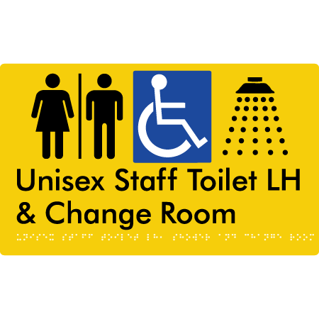 Unisex Staff Accessible Toilet with Left (LH) or Right Hand Transfer (RH), Shower & Change with Air Lock - Braille Tactile Signs Aust.