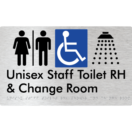 Unisex Staff Accessible Toilet with Left (LH) or Right Hand Transfer (RH), Shower & Change with Air Lock - Braille Tactile Signs Aust.