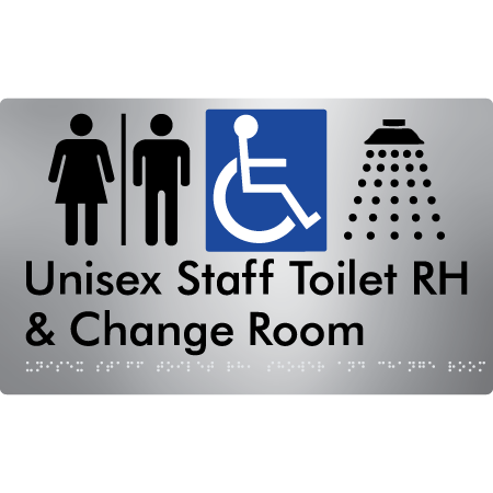 Unisex Staff Accessible Toilet with Left (LH) or Right Hand Transfer (RH), Shower & Change with Air Lock - Braille Tactile Signs Aust.