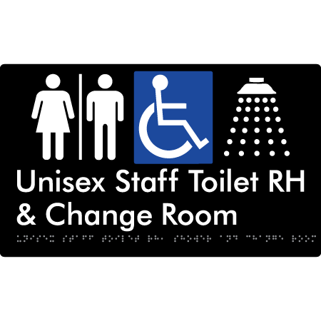 Unisex Staff Accessible Toilet with Left (LH) or Right Hand Transfer (RH), Shower & Change with Air Lock - Braille Tactile Signs Aust.