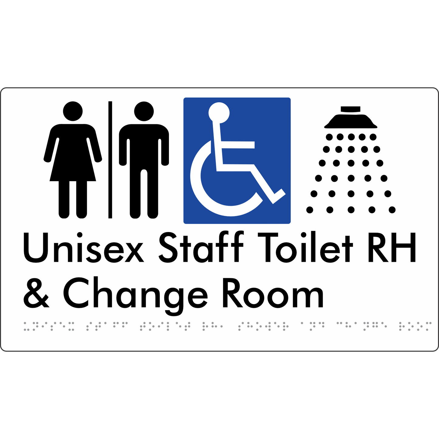 Unisex Staff Accessible Toilet with Left (LH) or Right Hand Transfer (RH), Shower & Change with Air Lock - Braille Tactile Signs Aust.