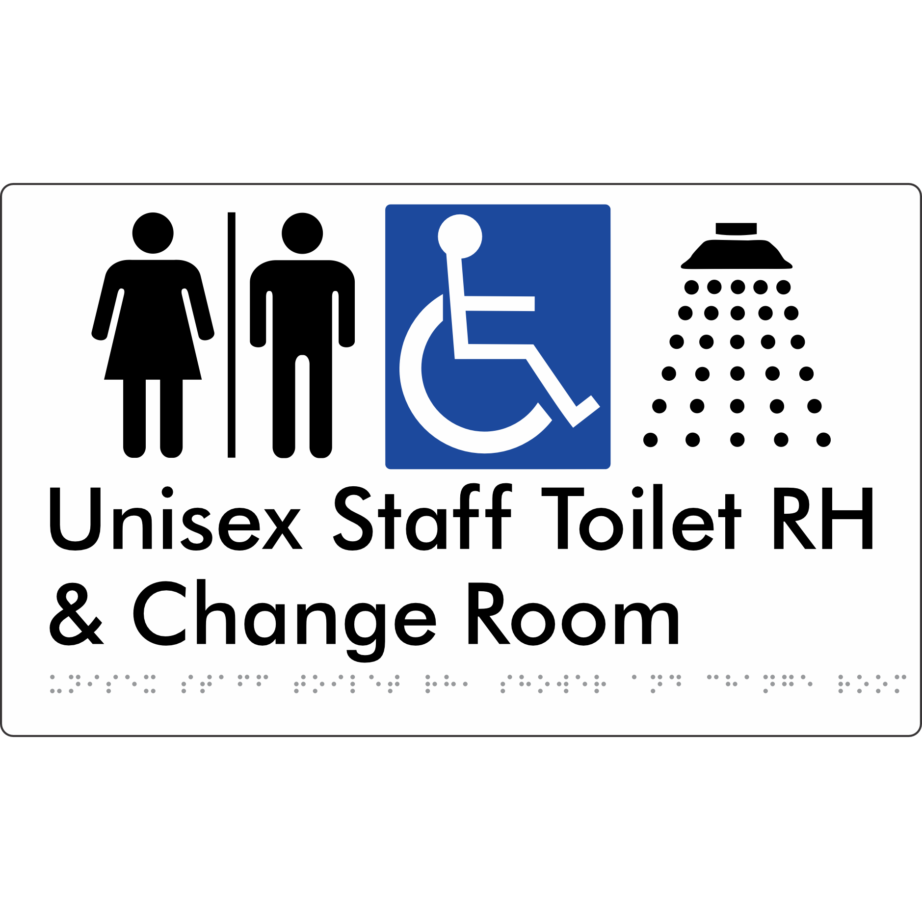 Unisex Staff Accessible Toilet with Left (LH) or Right Hand Transfer (RH), Shower & Change with Air Lock - Braille Tactile Signs Aust.
