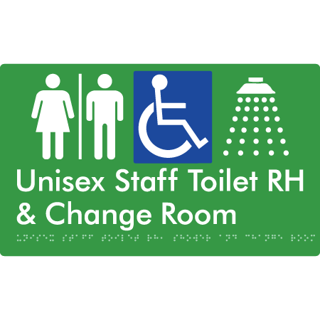 Unisex Staff Accessible Toilet with Left (LH) or Right Hand Transfer (RH), Shower & Change with Air Lock - Braille Tactile Signs Aust.