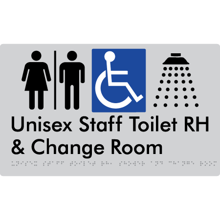 Unisex Staff Accessible Toilet with Left (LH) or Right Hand Transfer (RH), Shower & Change with Air Lock - Braille Tactile Signs Aust.