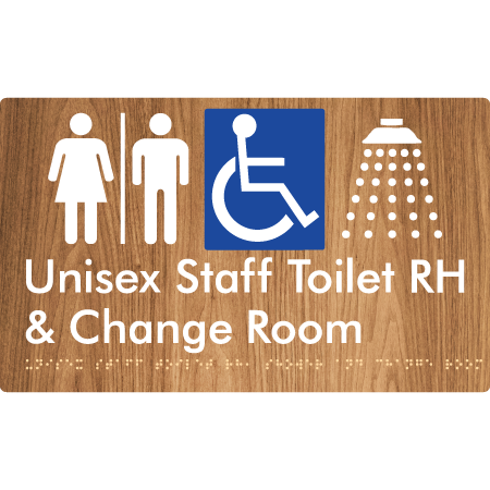 Unisex Staff Accessible Toilet with Left (LH) or Right Hand Transfer (RH), Shower & Change with Air Lock - Braille Tactile Signs Aust.