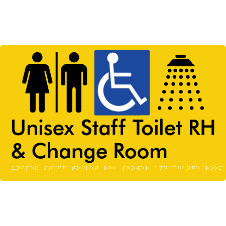Unisex Staff Accessible Toilet with Left (LH) or Right Hand Transfer (RH), Shower & Change with Air Lock - Braille Tactile Signs Aust.