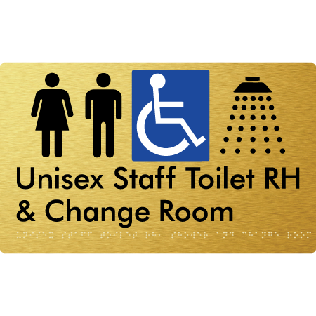 Unisex Staff Accessible Toilet with Left (LH) or Right Hand Transfer (RH), Shower & Change Room - Braille Tactile Signs Aust.