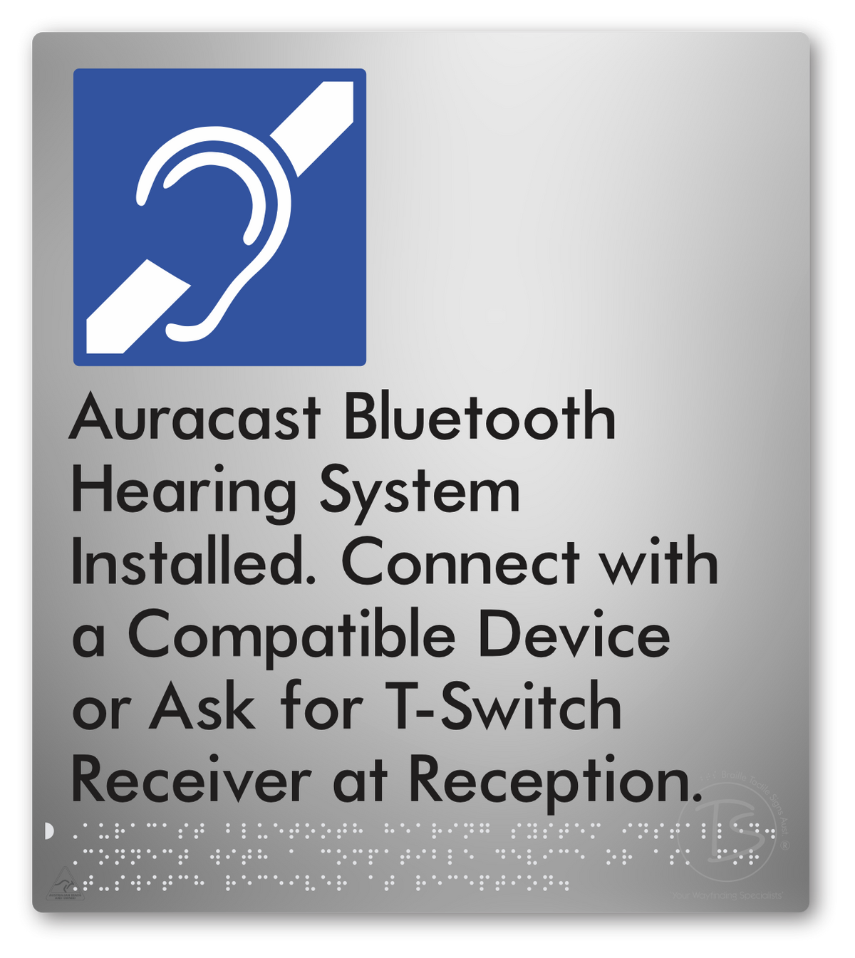 Auracast Bluetooth Hearing System Installed, Connect with a Compatible Device or Ask for T-Switch Receiver at Reception