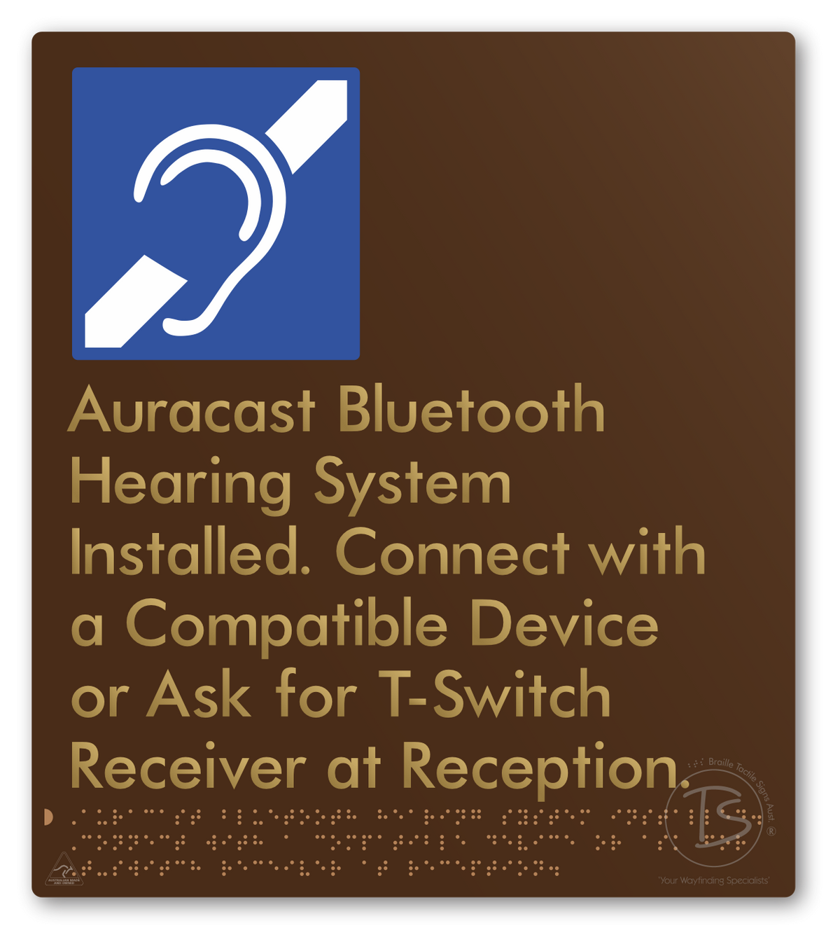 Auracast Bluetooth Hearing System Installed, Connect with a Compatible Device or Ask for T-Switch Receiver at Reception
