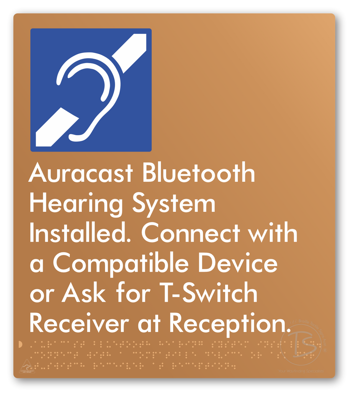 Auracast Bluetooth Hearing System Installed, Connect with a Compatible Device or Ask for T-Switch Receiver at Reception