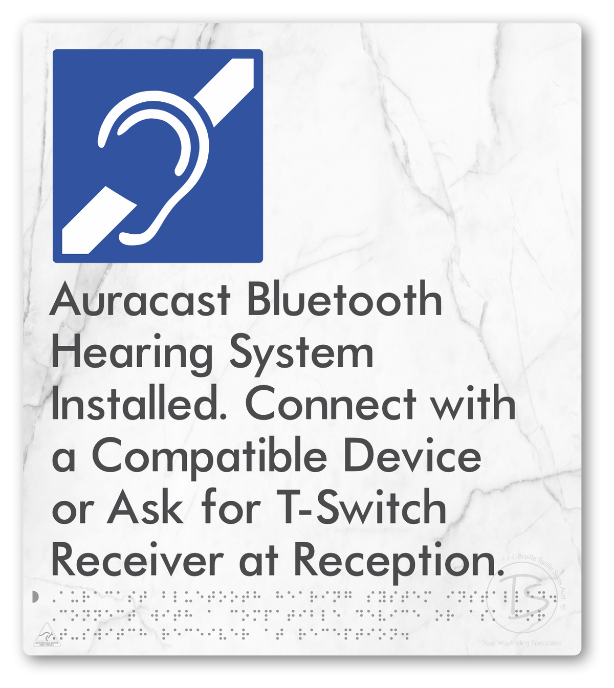 Auracast Bluetooth Hearing System Installed, Connect with a Compatible Device or Ask for T-Switch Receiver at Reception