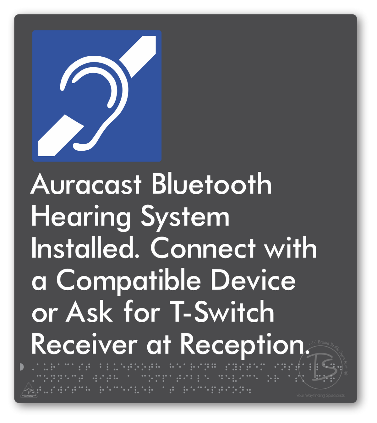 Auracast Bluetooth Hearing System Installed, Connect with a Compatible Device or Ask for T-Switch Receiver at Reception