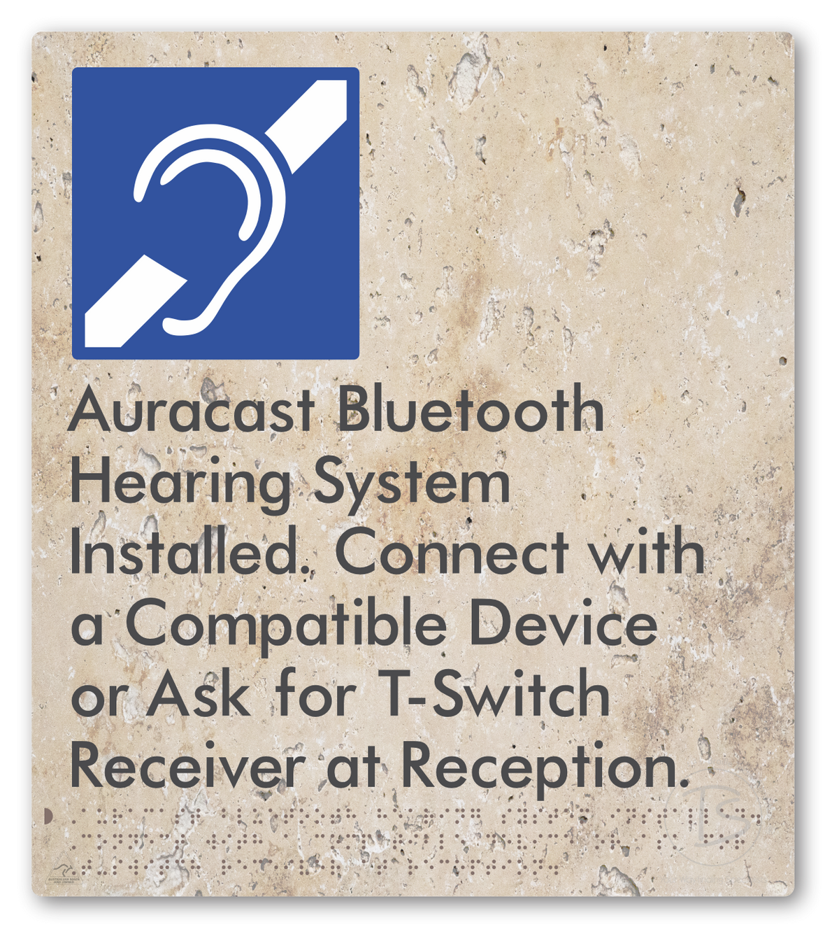 Auracast Bluetooth Hearing System Installed, Connect with a Compatible Device or Ask for T-Switch Receiver at Reception