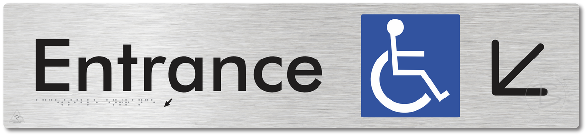 Accessible Entrance with Large Directional Arrow: Down/Left
