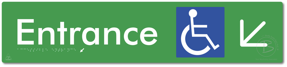 Accessible Entrance with Large Directional Arrow: Down/Left