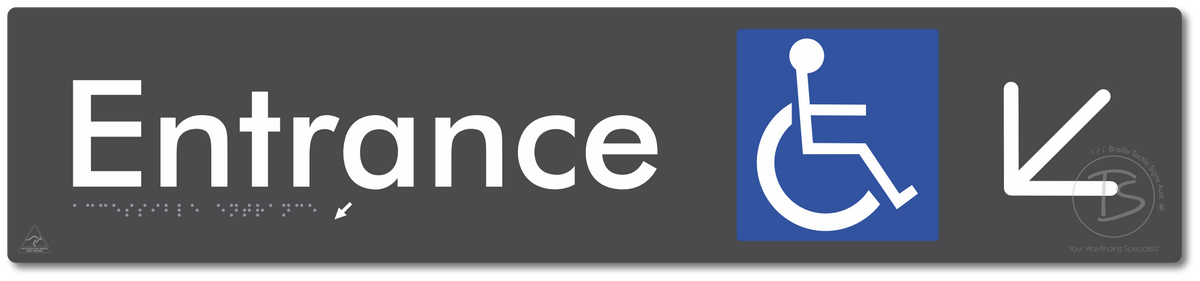 Accessible Entrance with Large Directional Arrow: Down/Left