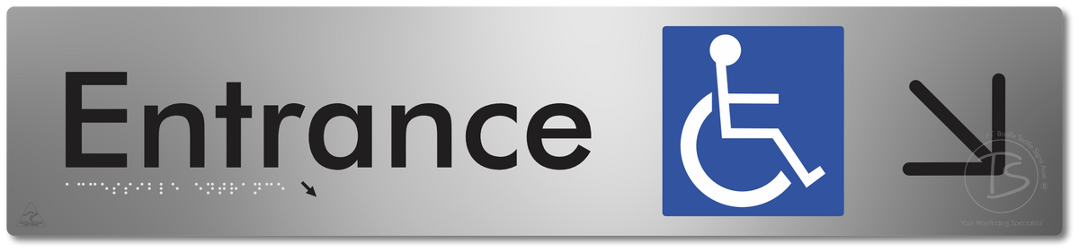 Accessible Entrance with Large Directional Arrow: Down/Right