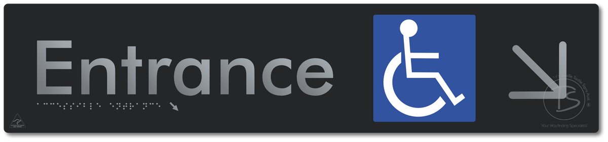 Accessible Entrance with Large Directional Arrow: Down/Right