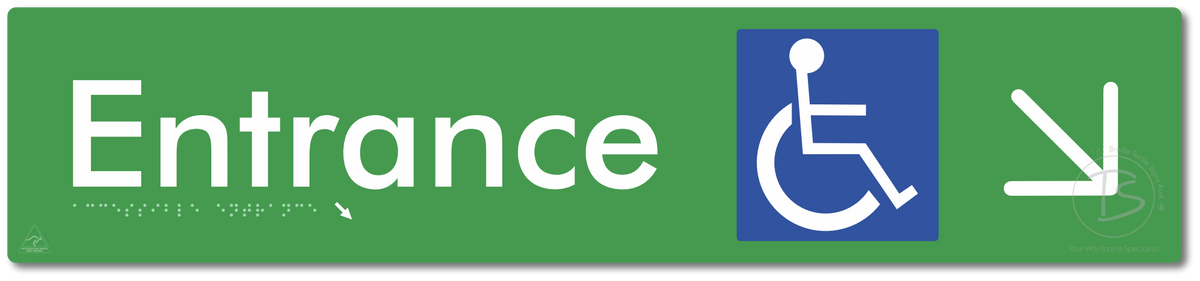 Accessible Entrance with Large Directional Arrow: Down/Right