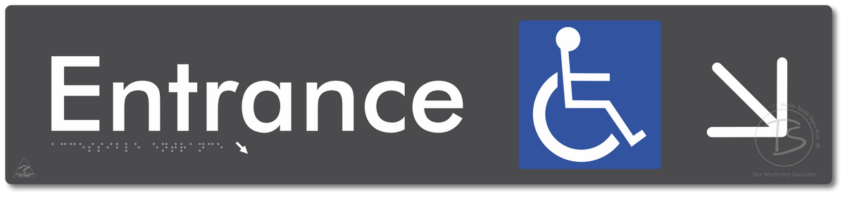 Accessible Entrance with Large Directional Arrow: Down/Right