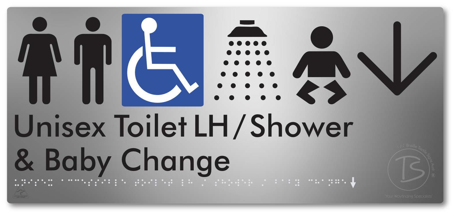 Unisex Accessible Toilet LH / Shower / Baby Change with Large Directional Arrow - Braille Tactile Signs Aust.