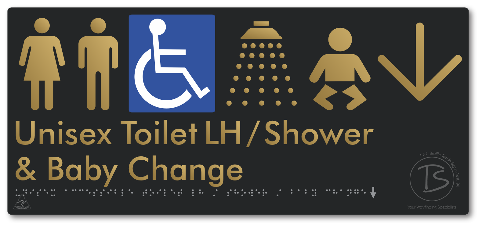 Unisex Accessible Toilet LH / Shower / Baby Change with Large Directional Arrow - Braille Tactile Signs Aust.