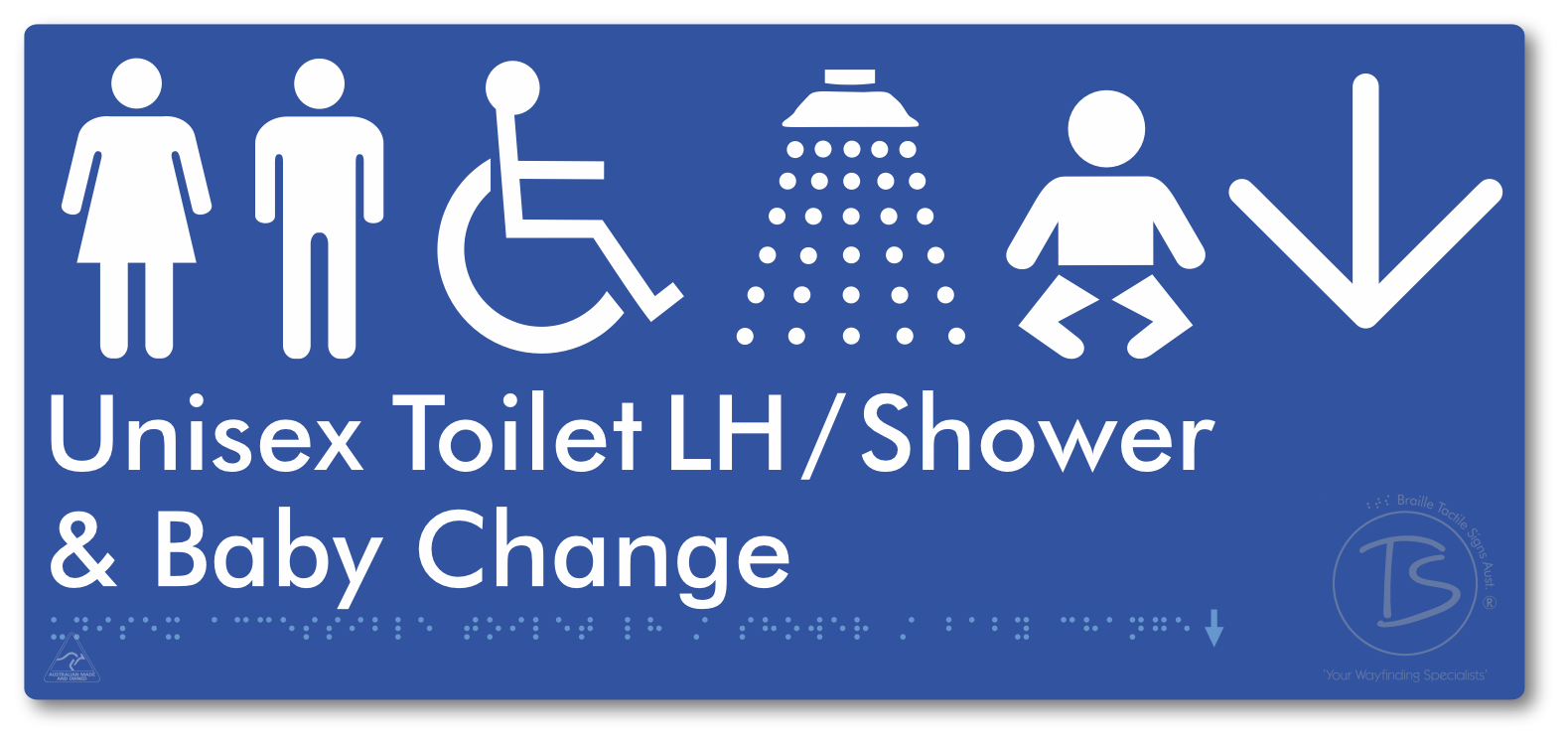 Unisex Accessible Toilet LH / Shower / Baby Change with Large Directional Arrow - Braille Tactile Signs Aust.