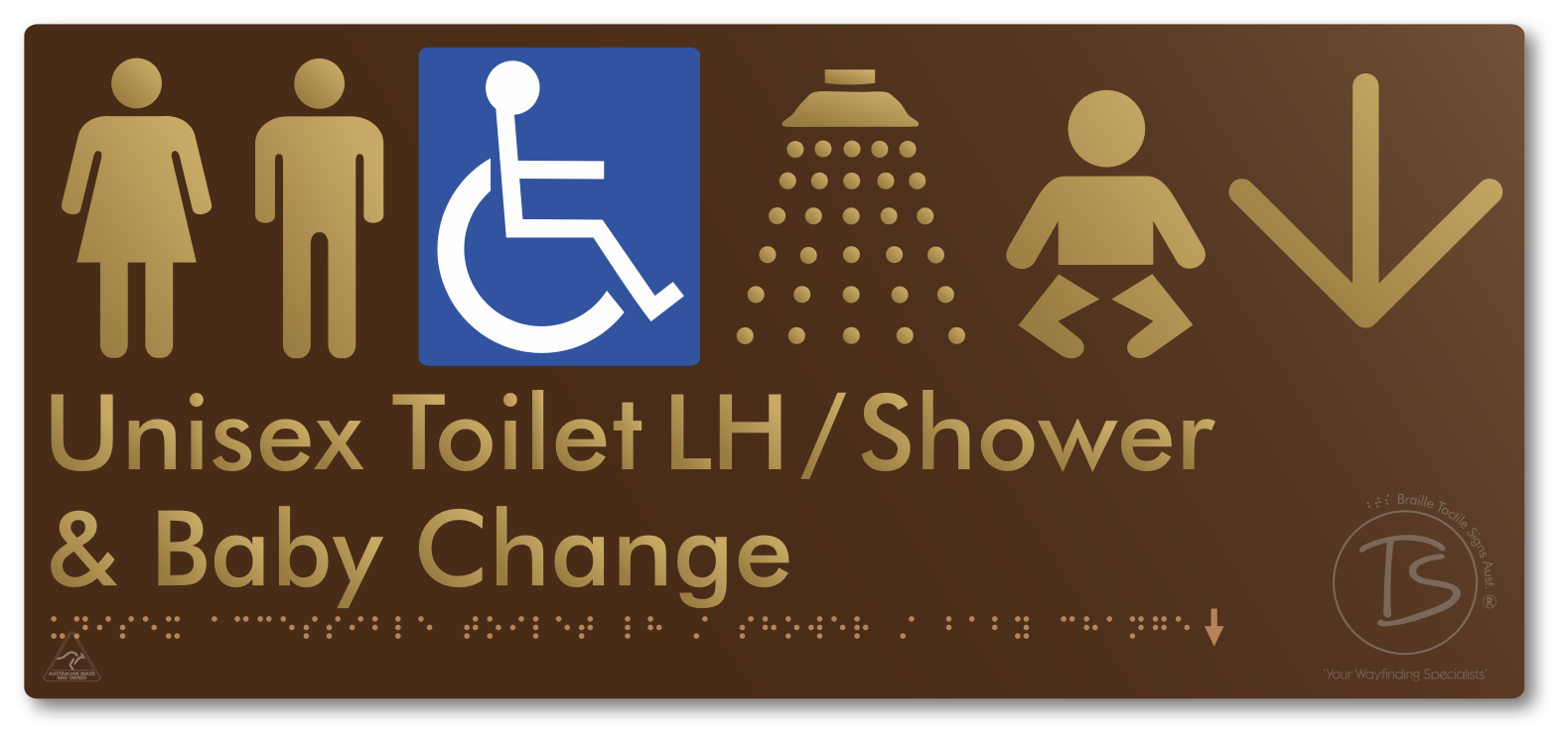 Unisex Accessible Toilet LH / Shower / Baby Change with Large Directional Arrow - Braille Tactile Signs Aust.