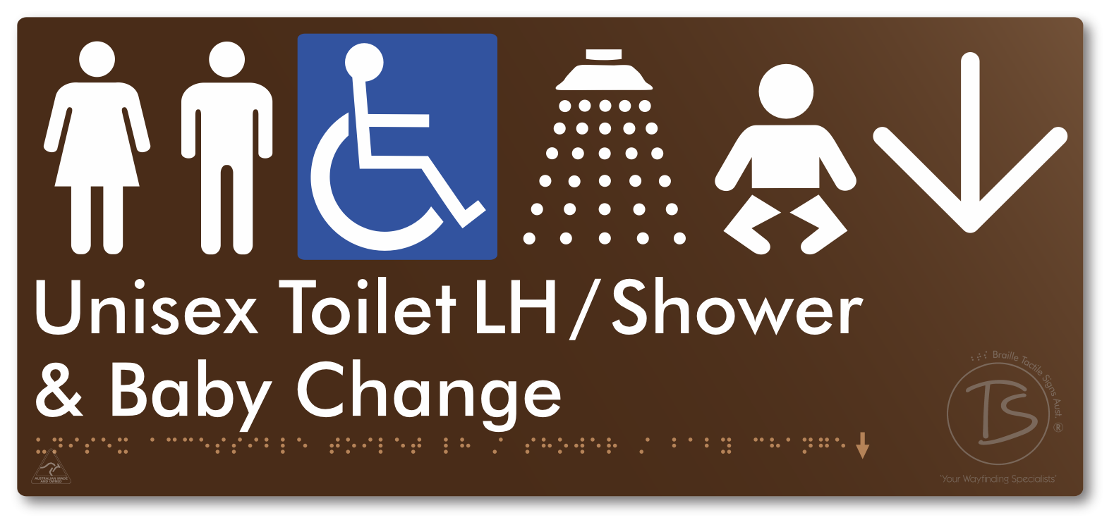 Unisex Accessible Toilet LH / Shower / Baby Change with Large Directional Arrow - Braille Tactile Signs Aust.