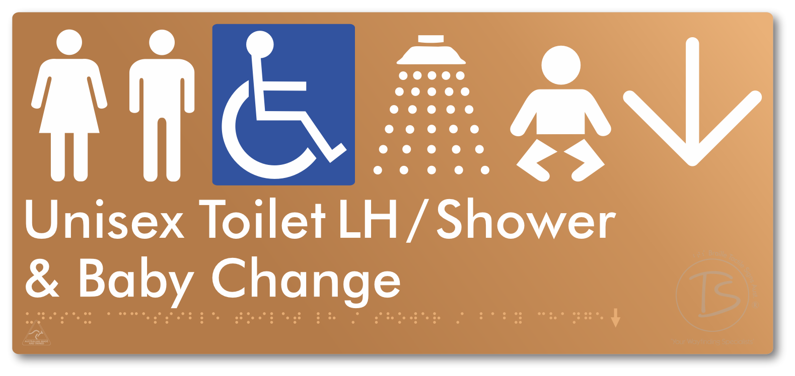 Unisex Accessible Toilet LH / Shower / Baby Change with Large Directional Arrow - Braille Tactile Signs Aust.
