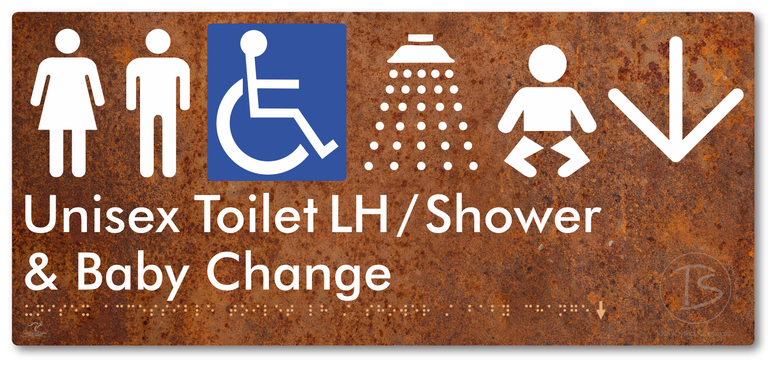 Unisex Accessible Toilet LH / Shower / Baby Change with Large Directional Arrow - Braille Tactile Signs Aust.