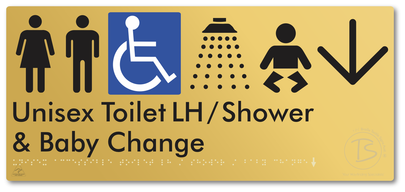Unisex Accessible Toilet LH / Shower / Baby Change with Large Directional Arrow - Braille Tactile Signs Aust.