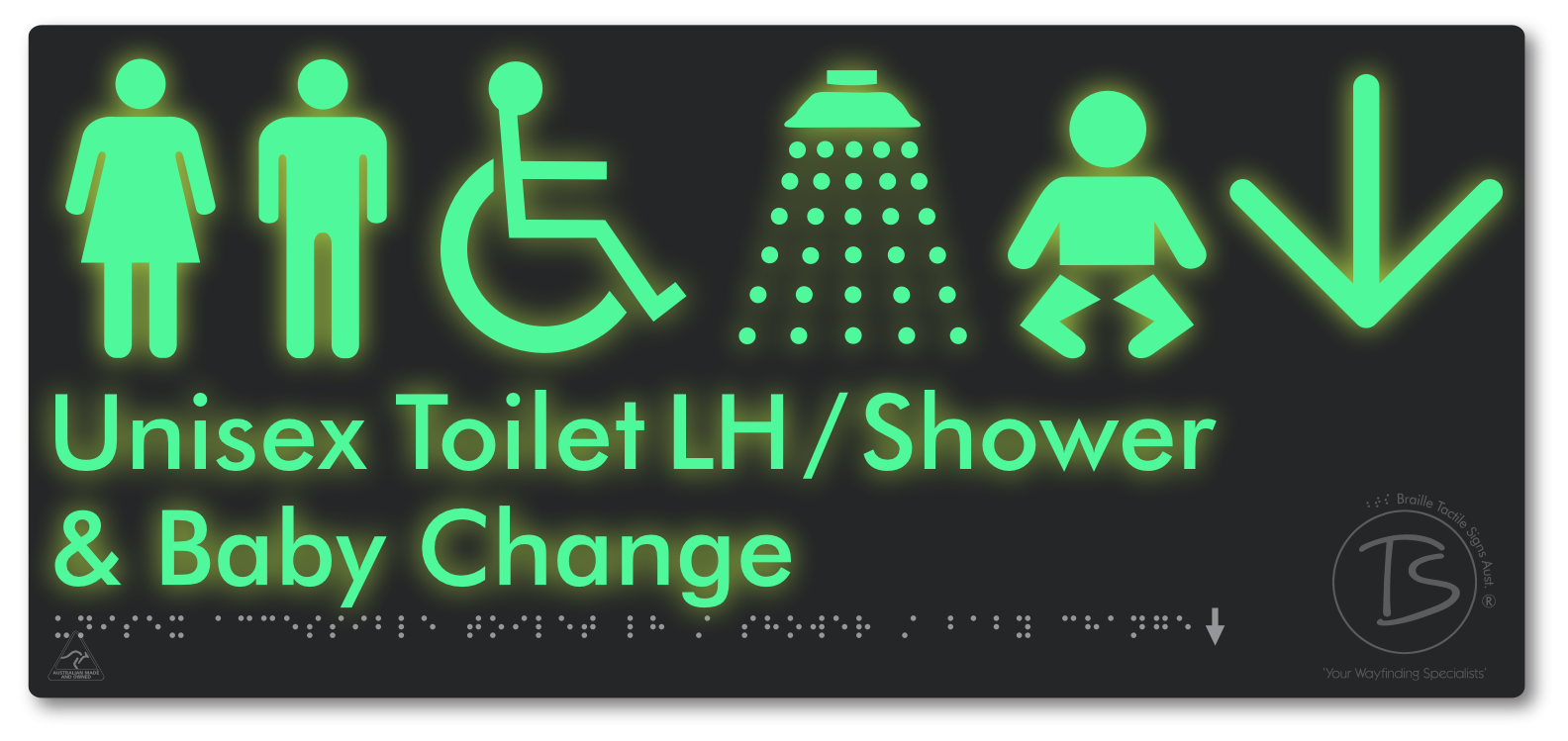 Unisex Accessible Toilet LH / Shower / Baby Change with Large Directional Arrow - Braille Tactile Signs Aust.