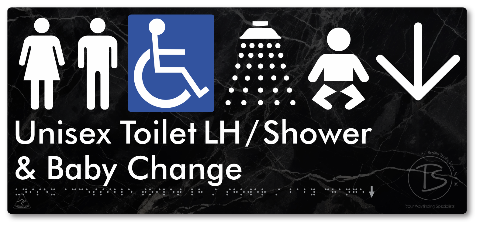 Unisex Accessible Toilet LH / Shower / Baby Change with Large Directional Arrow - Braille Tactile Signs Aust.
