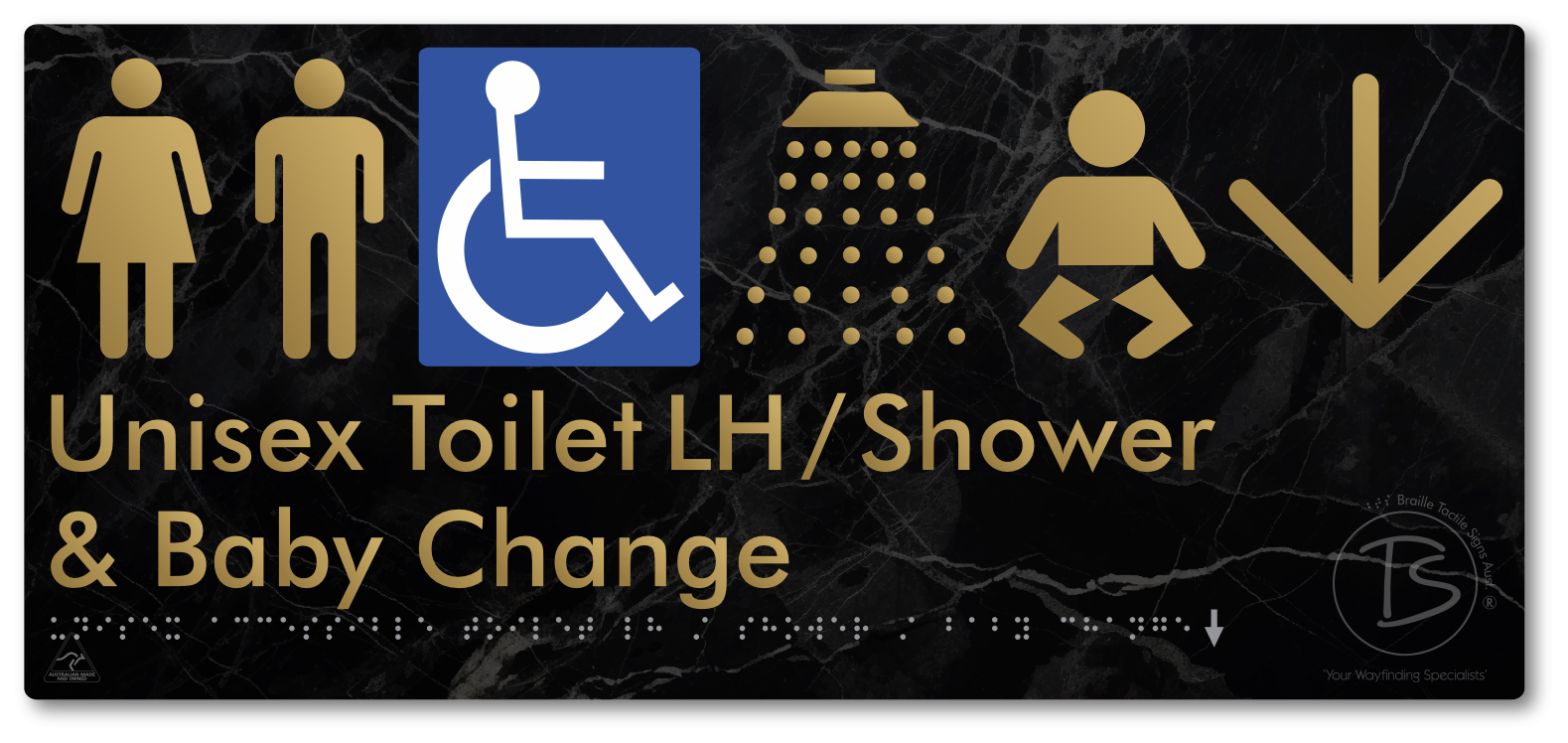 Unisex Accessible Toilet LH / Shower / Baby Change with Large Directional Arrow - Braille Tactile Signs Aust.