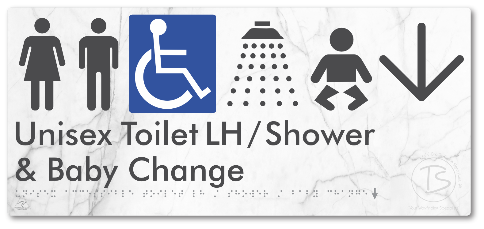 Unisex Accessible Toilet LH / Shower / Baby Change with Large Directional Arrow - Braille Tactile Signs Aust.