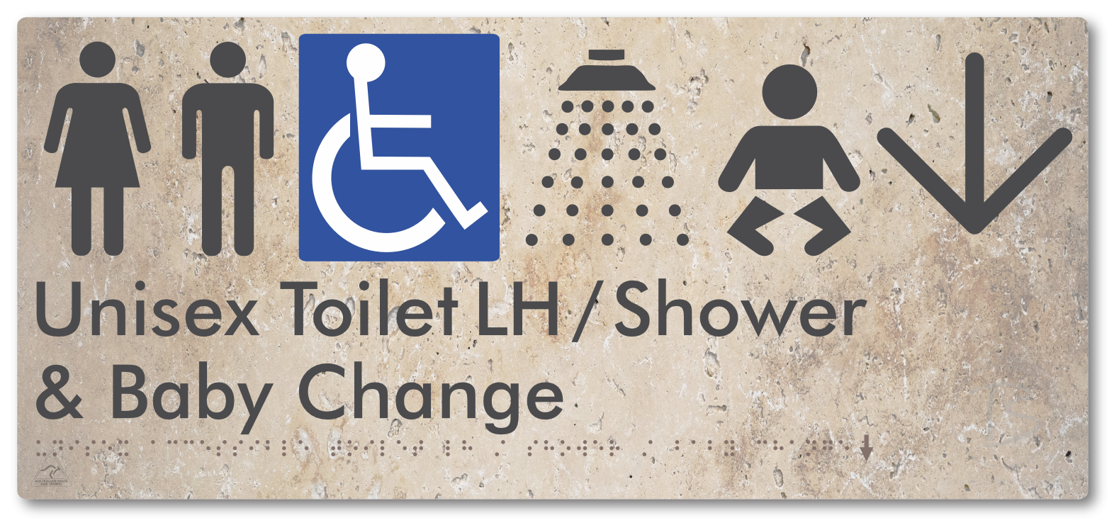 Unisex Accessible Toilet LH / Shower / Baby Change with Large Directional Arrow - Braille Tactile Signs Aust.