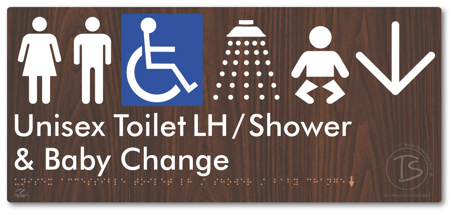 Unisex Accessible Toilet LH / Shower / Baby Change with Large Directional Arrow - Braille Tactile Signs Aust.