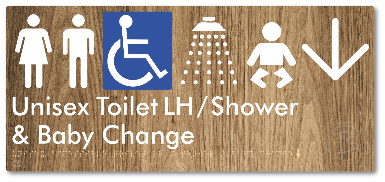 Unisex Accessible Toilet LH / Shower / Baby Change with Large Directional Arrow - Braille Tactile Signs Aust.
