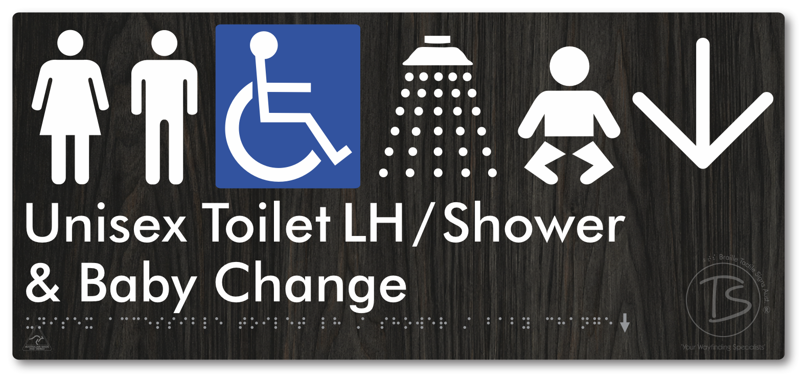 Unisex Accessible Toilet LH / Shower / Baby Change with Large Directional Arrow - Braille Tactile Signs Aust.