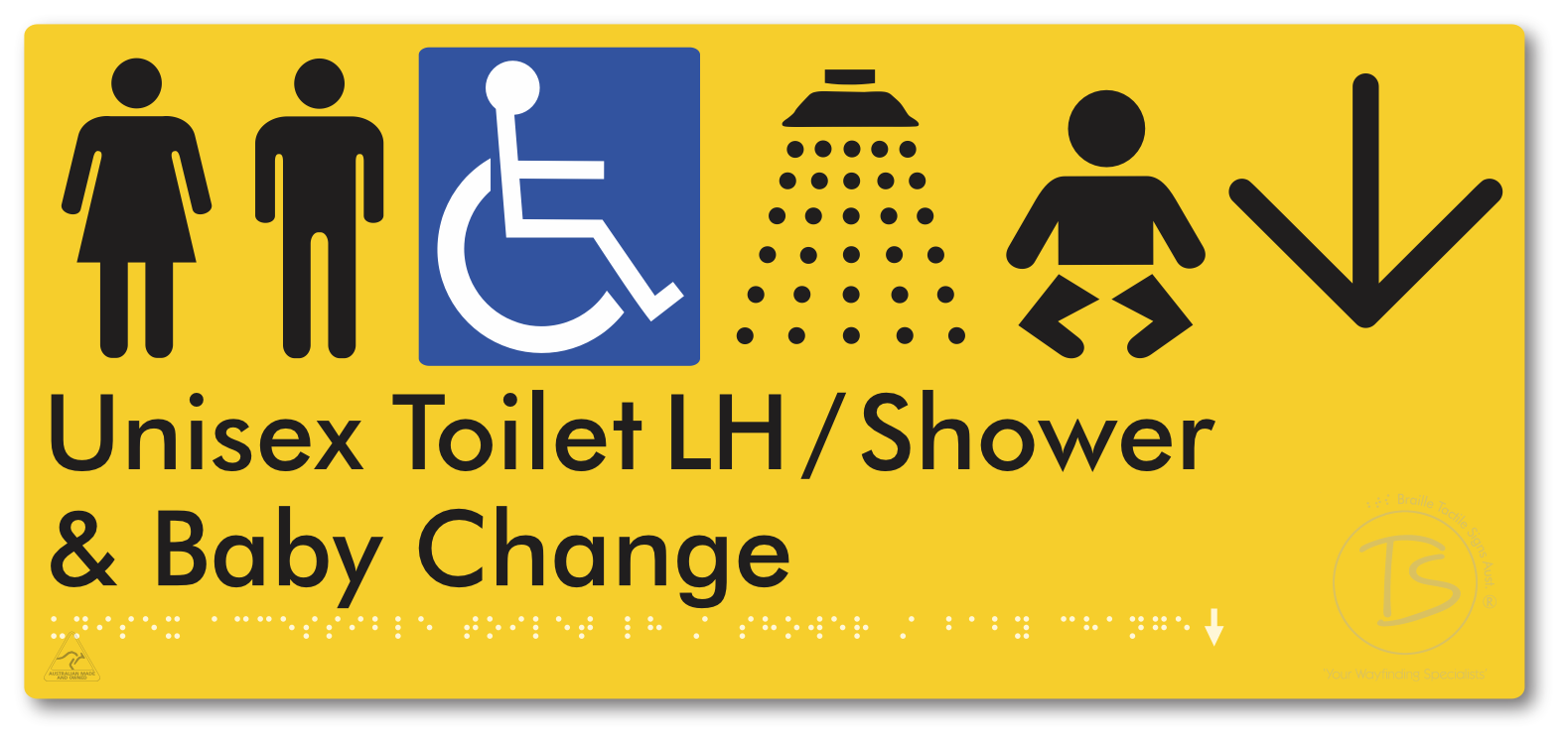 Unisex Accessible Toilet LH / Shower / Baby Change with Large Directional Arrow - Braille Tactile Signs Aust.