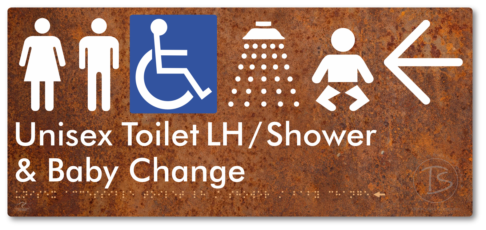 Unisex Accessible Toilet LH / Shower / Baby Change with Large Directional Arrow - Braille Tactile Signs Aust.